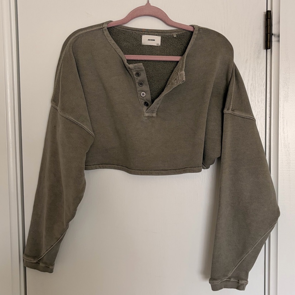 Joah Brown Sage Green Cropped Henley Top